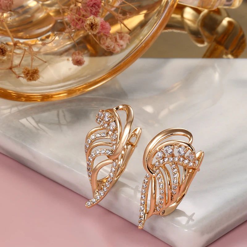 Elegantly Crafted 585 Rose Gold Leaf Drop Earrings with Natural Zircon Crystals