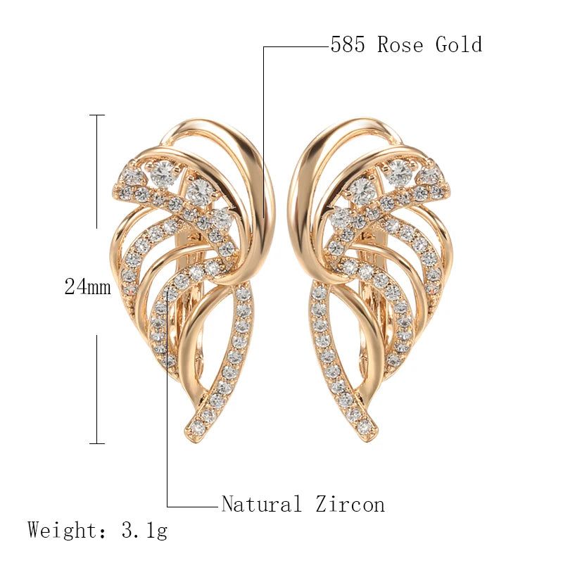 Elegantly Crafted 585 Rose Gold Leaf Drop Earrings with Natural Zircon Crystals