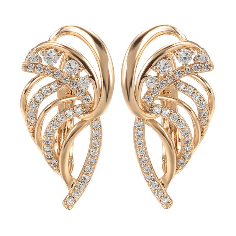 Elegantly Crafted 585 Rose Gold Leaf Drop Earrings with Natural Zircon Crystals