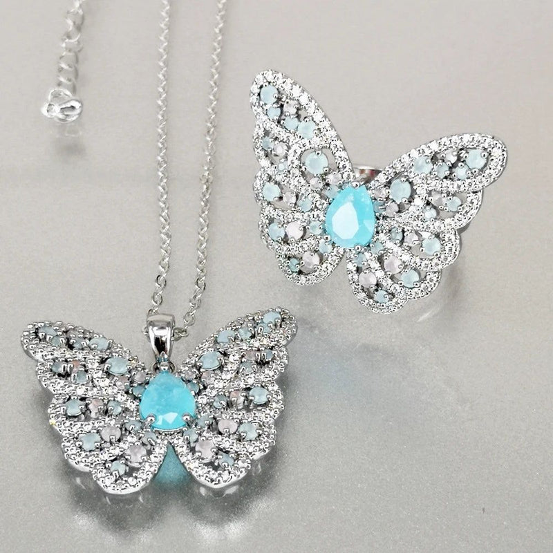 Elegantly Crafted Aquamarine and Pink Opal Butterfly Necklace for Cherished Moments