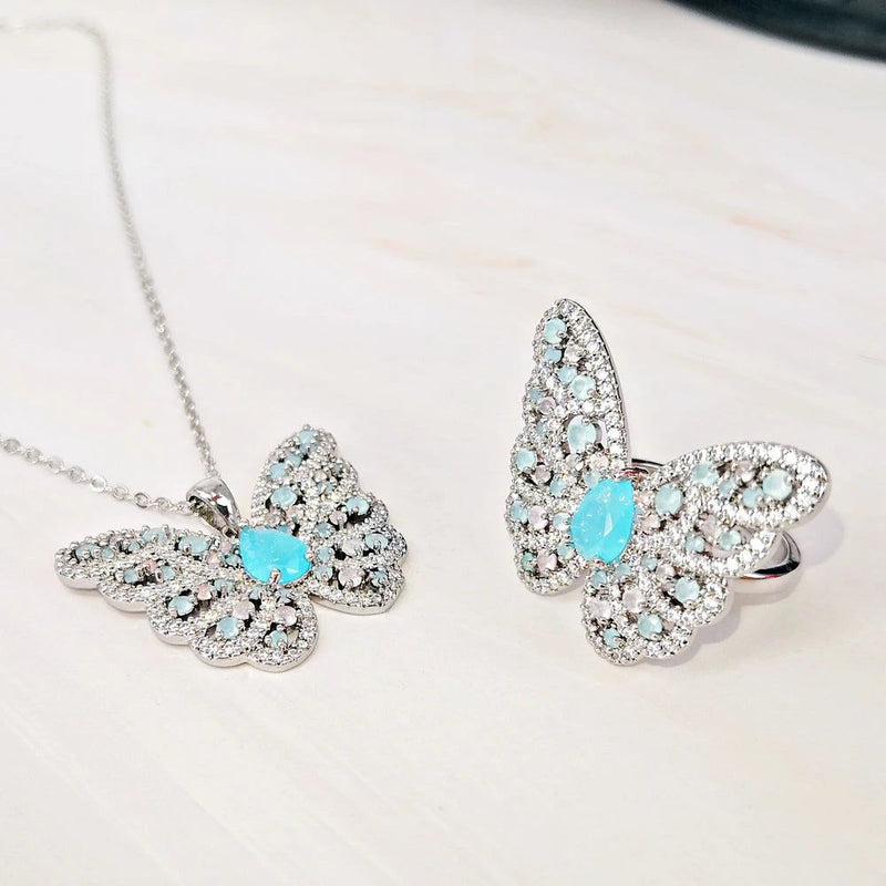 Elegantly Crafted Aquamarine and Pink Opal Butterfly Necklace for Cherished Moments