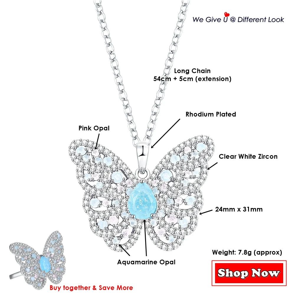 Elegantly Crafted Aquamarine and Pink Opal Butterfly Necklace for Cherished Moments