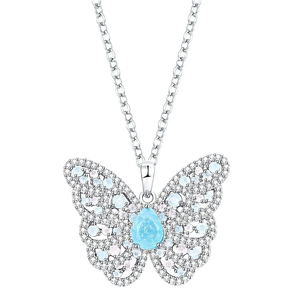 Elegantly Crafted Aquamarine and Pink Opal Butterfly Necklace for Cherished Moments