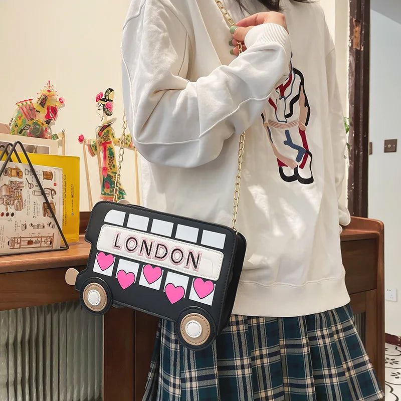 Embroidered Cartoon LONDON Bus Chain Crossbody Bag for Women - Fashionable Novelty Satchel Purses in Red