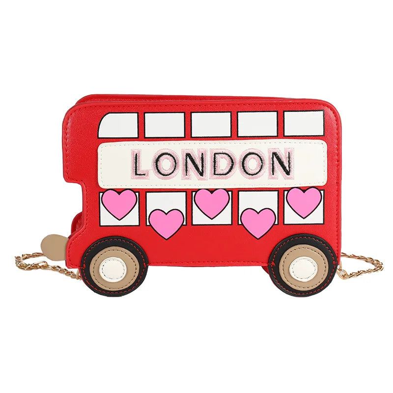 Embroidered Cartoon LONDON Bus Chain Crossbody Bag for Women - Fashionable Novelty Satchel Purses in Red