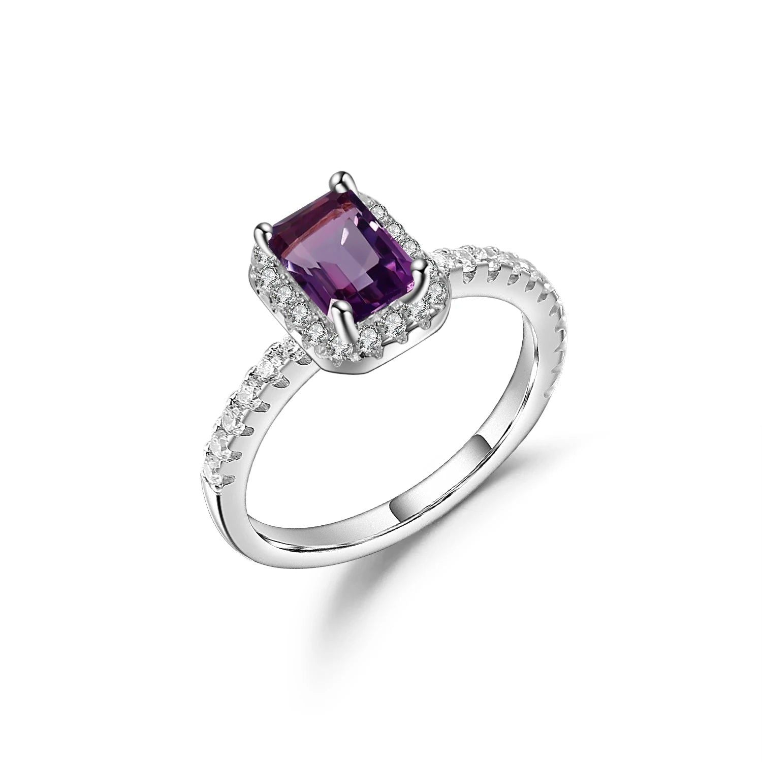 Emerald Cut Amethyst Ring Halo Solitaire Art Deco Jewelry