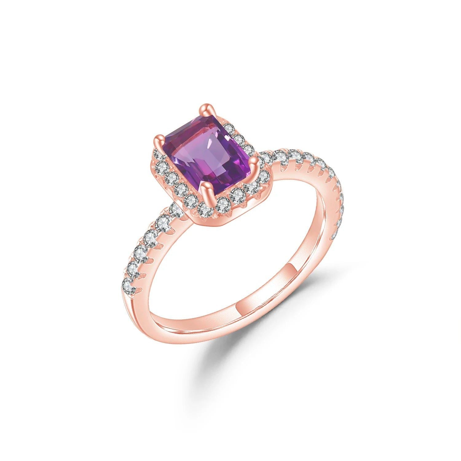 Emerald Cut Amethyst Ring Halo Solitaire Art Deco Jewelry