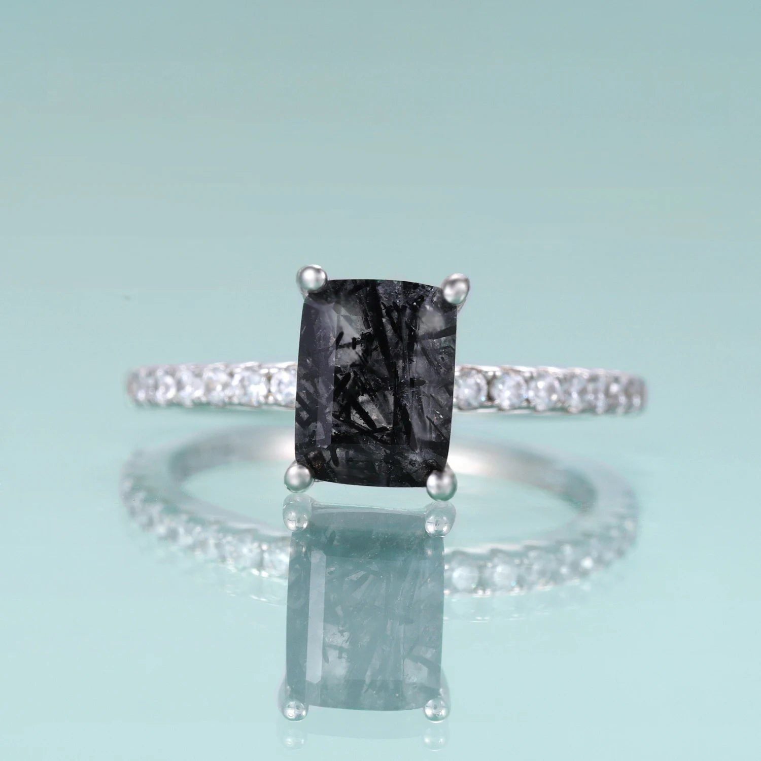 Emerald Cut Black Rutilated Quartz Solitaire Ring For Her