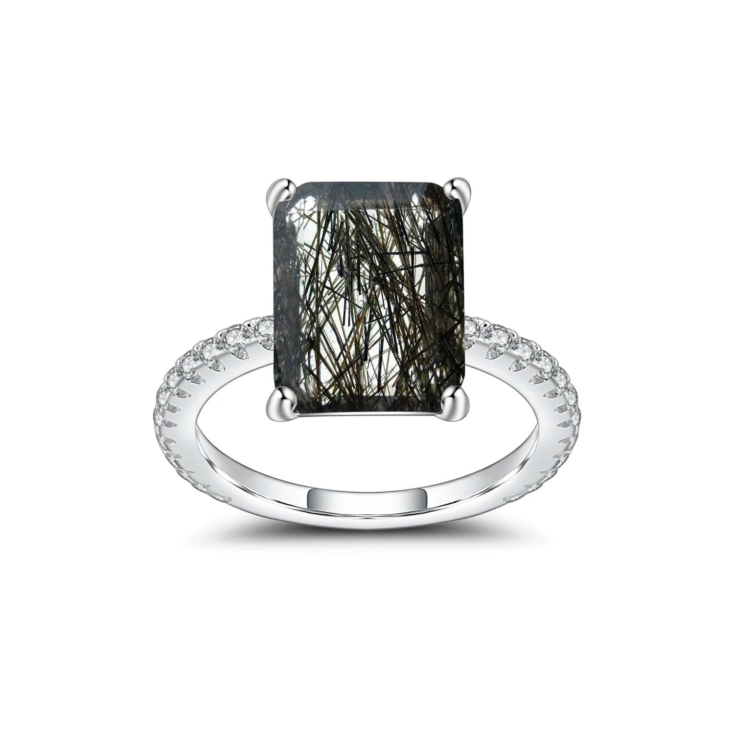 Emerald Cut Black Rutilated Quartz Solitaire Ring For Her