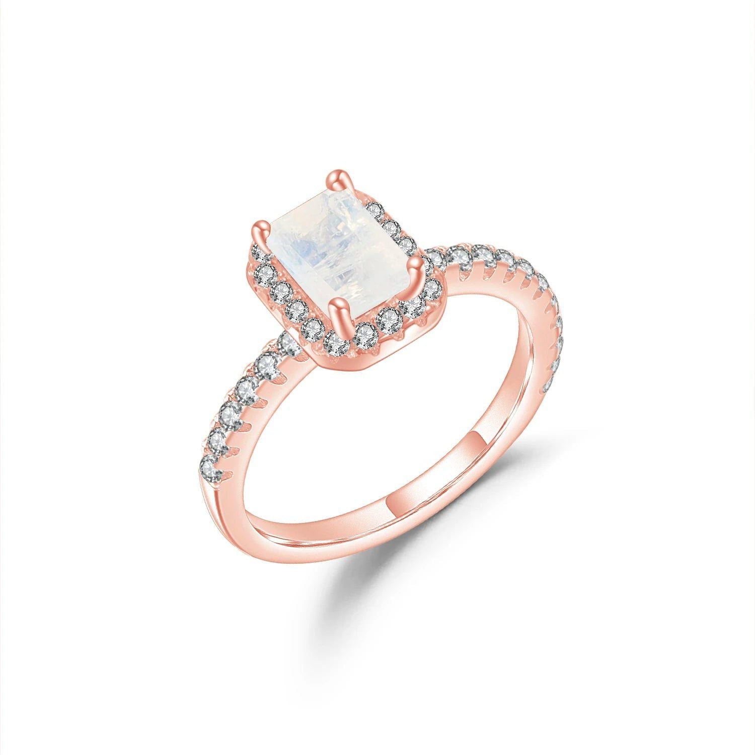 Emerald Cut Milky Blue Moonstone Halo Solitaire Ring