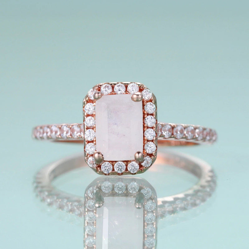 Emerald Cut Milky Blue Moonstone Halo Solitaire Ring