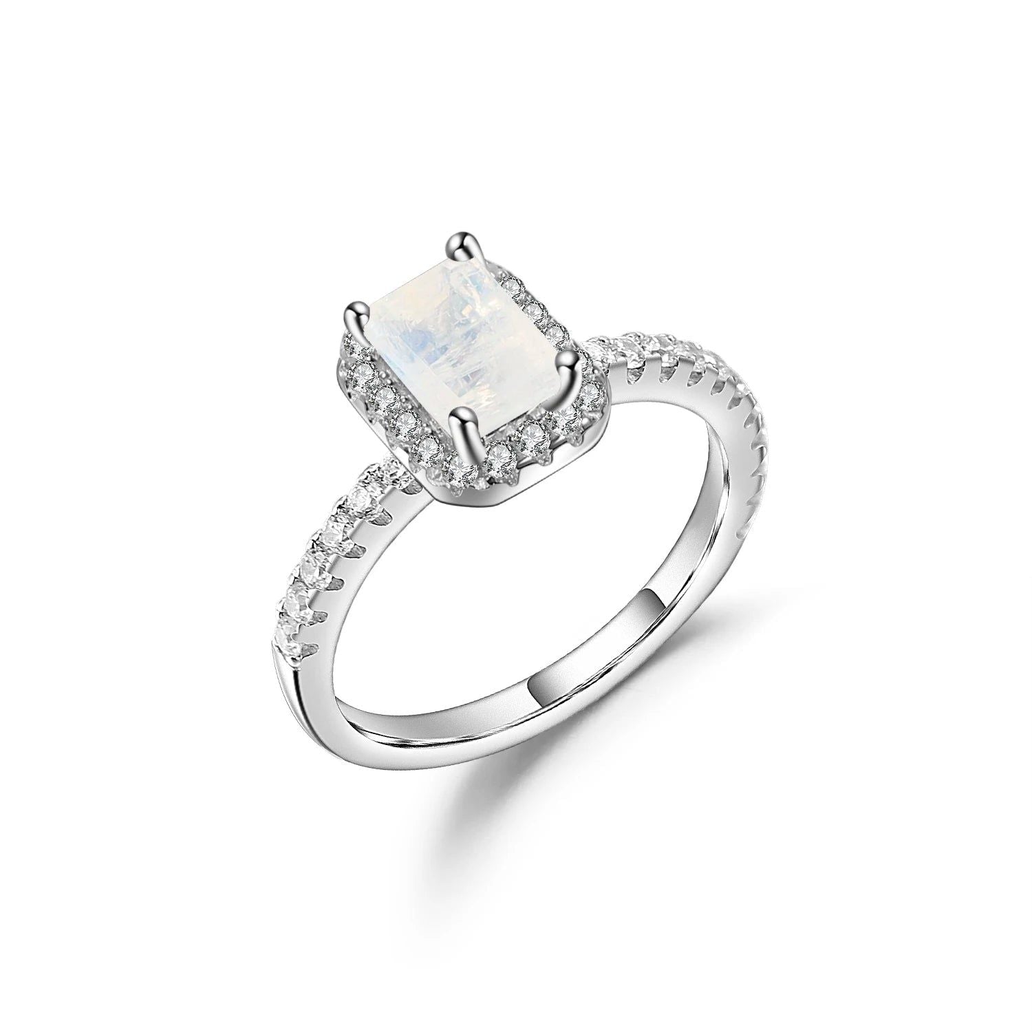 Emerald Cut Milky Blue Moonstone Halo Solitaire Ring