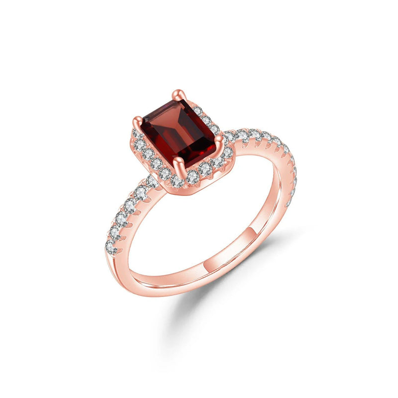 Emerald Cut Red Garnet Ring Halo Solitaire Ring Set