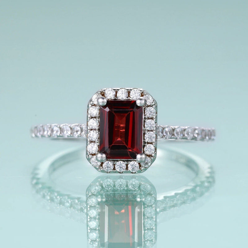 Emerald Cut Red Garnet Ring Halo Solitaire Ring Set