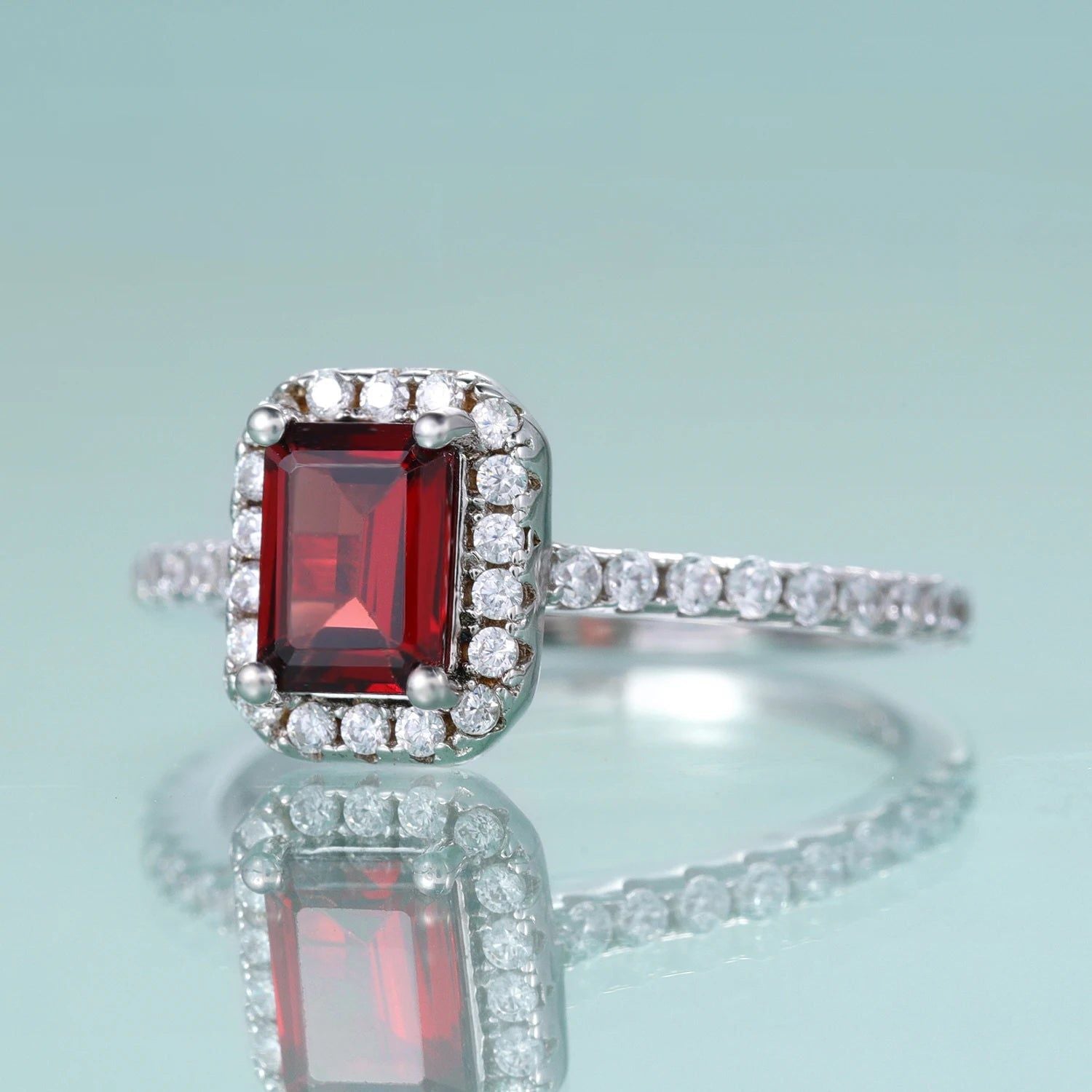 Emerald Cut Red Garnet Ring Halo Solitaire Ring Set