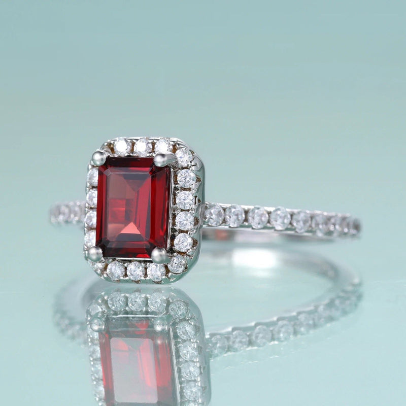 Emerald Cut Red Garnet Ring Halo Solitaire Ring Set