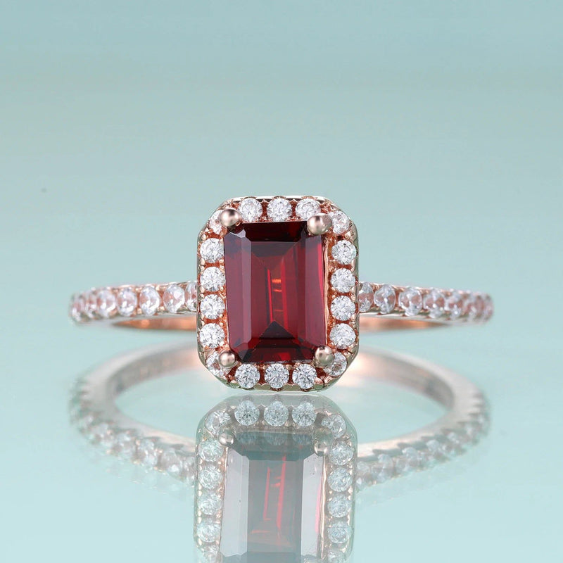 Emerald Cut Red Garnet Ring Halo Solitaire Ring Set