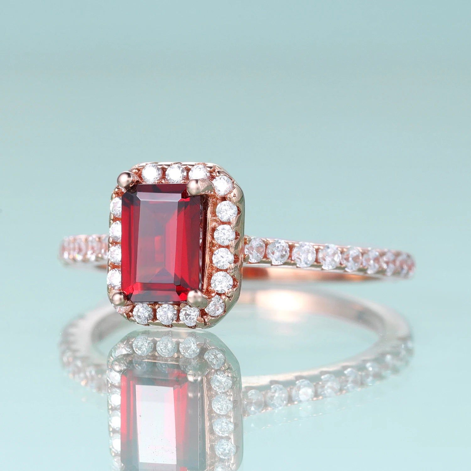 Emerald Cut Red Garnet Ring Halo Solitaire Ring Set