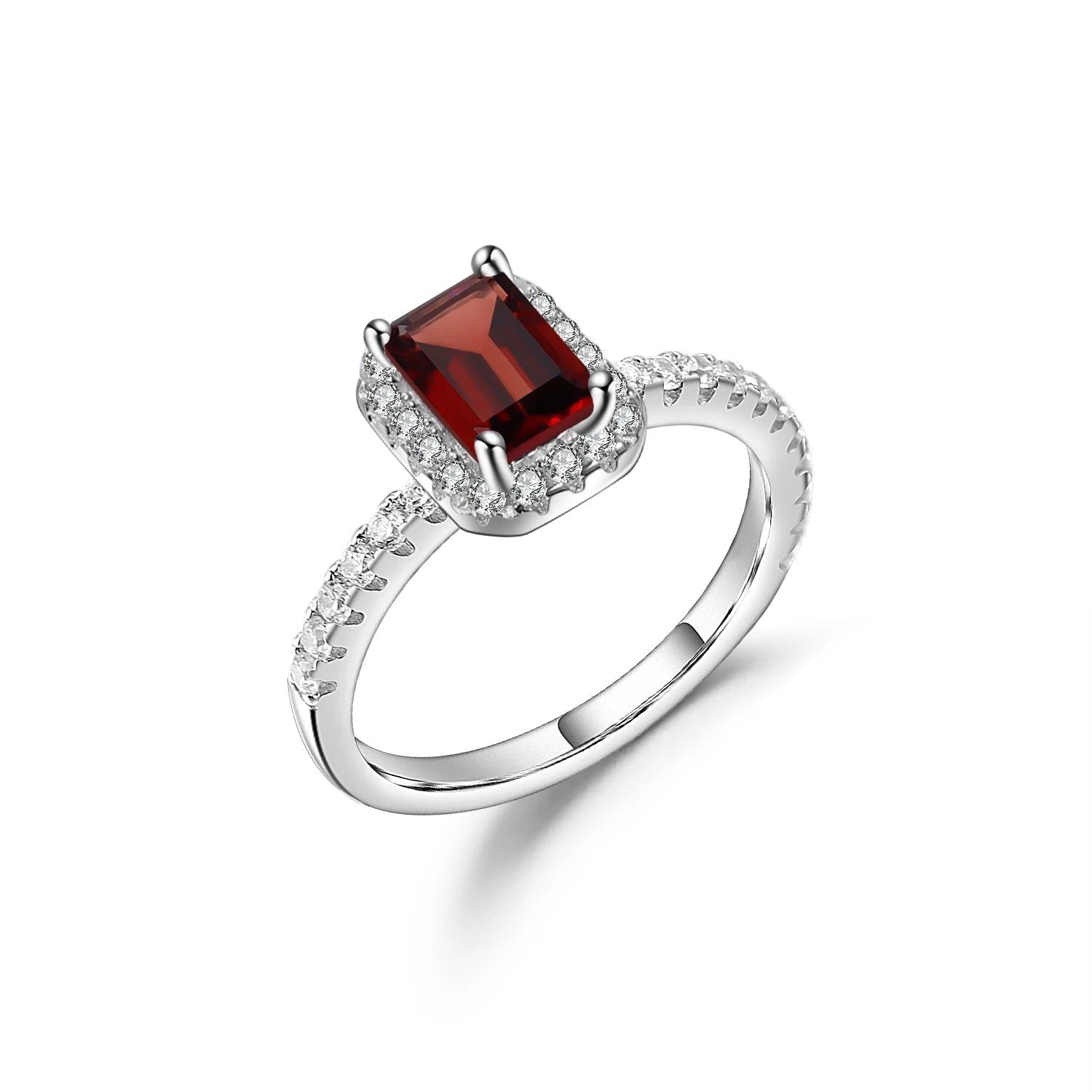 Emerald Cut Red Garnet Ring Halo Solitaire Ring Set