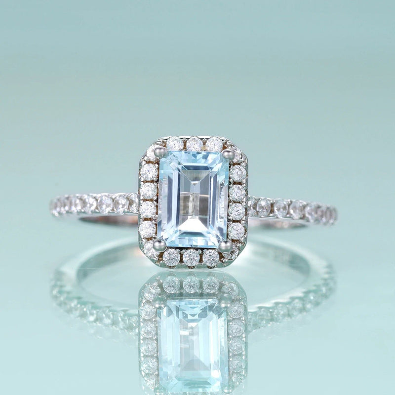 Emerald Cut Sky Blue Topaz Ring Halo Solitaire Set