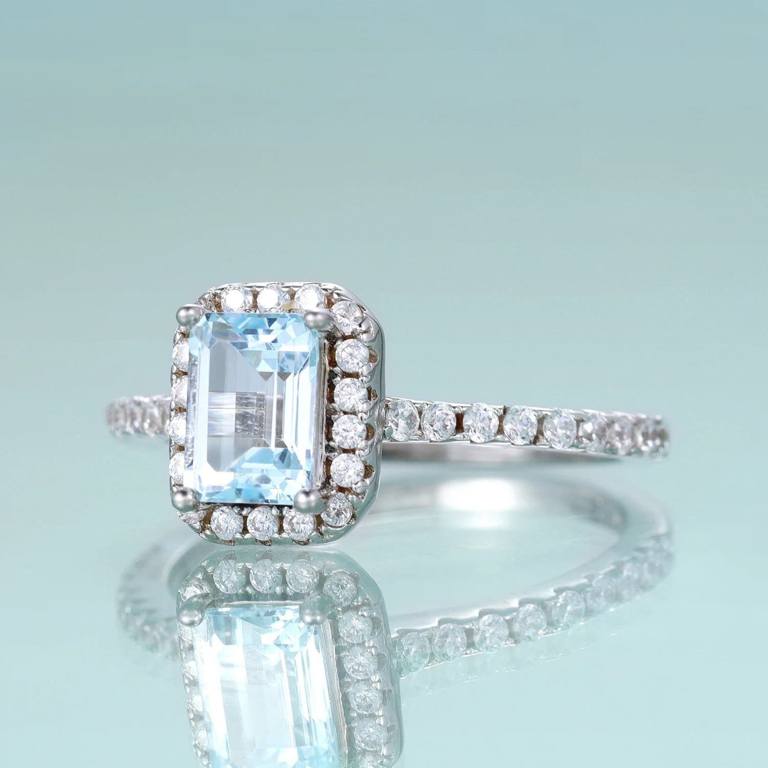 Emerald Cut Sky Blue Topaz Ring Halo Solitaire Set