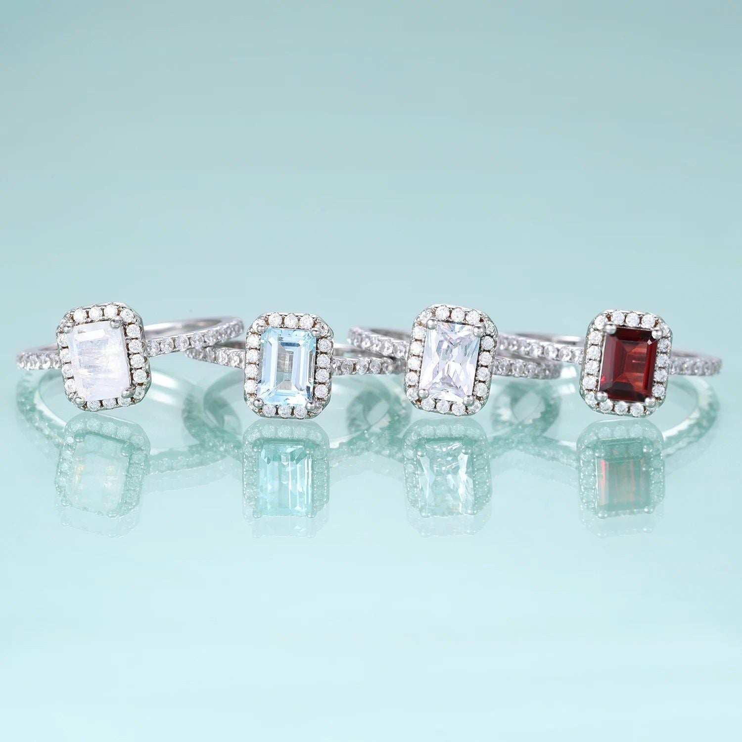 Emerald Cut Sky Blue Topaz Ring Halo Solitaire Set