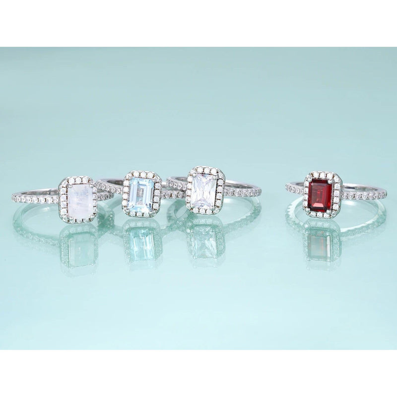 Emerald Cut Sky Blue Topaz Ring Halo Solitaire Set