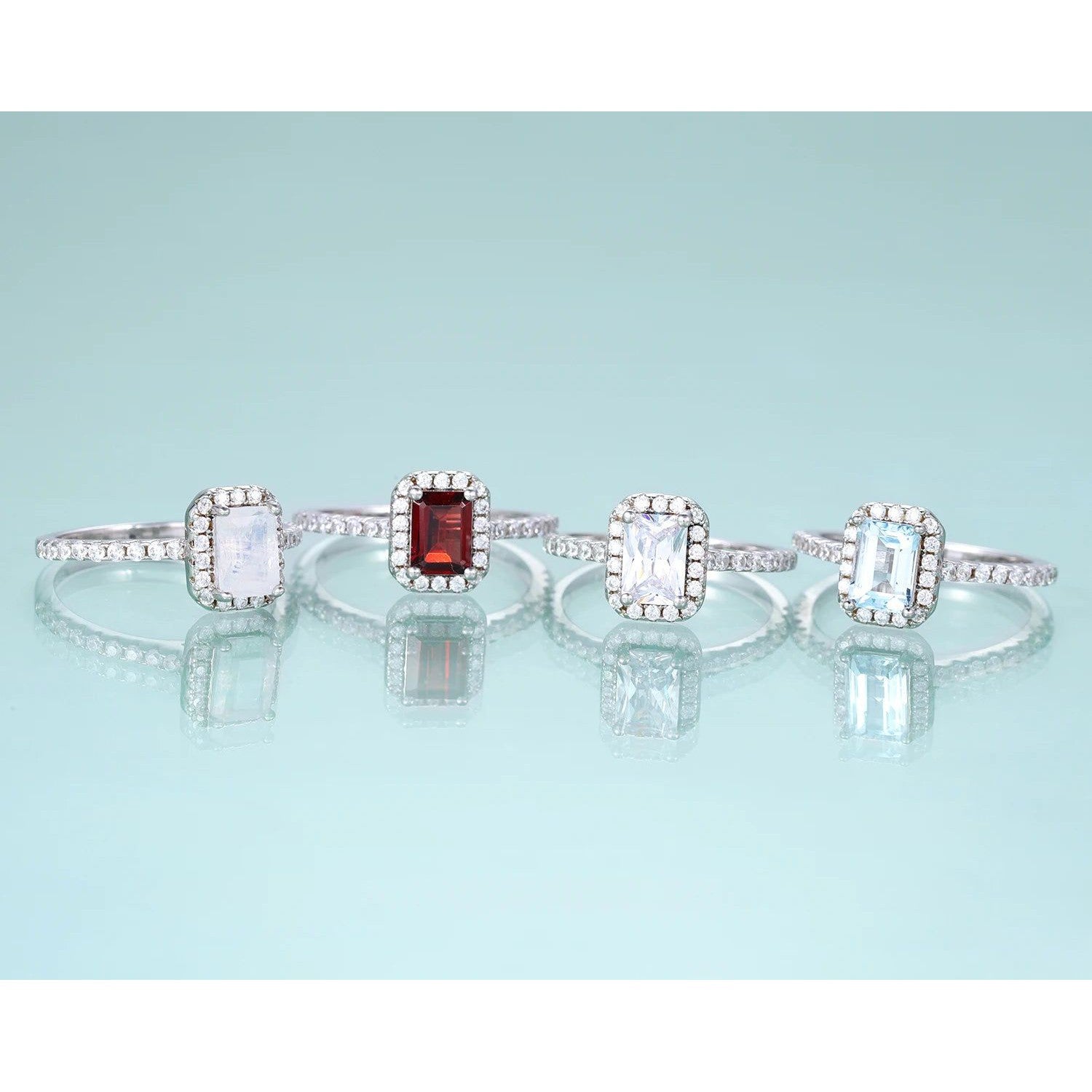 Emerald Cut Sky Blue Topaz Ring Halo Solitaire Set