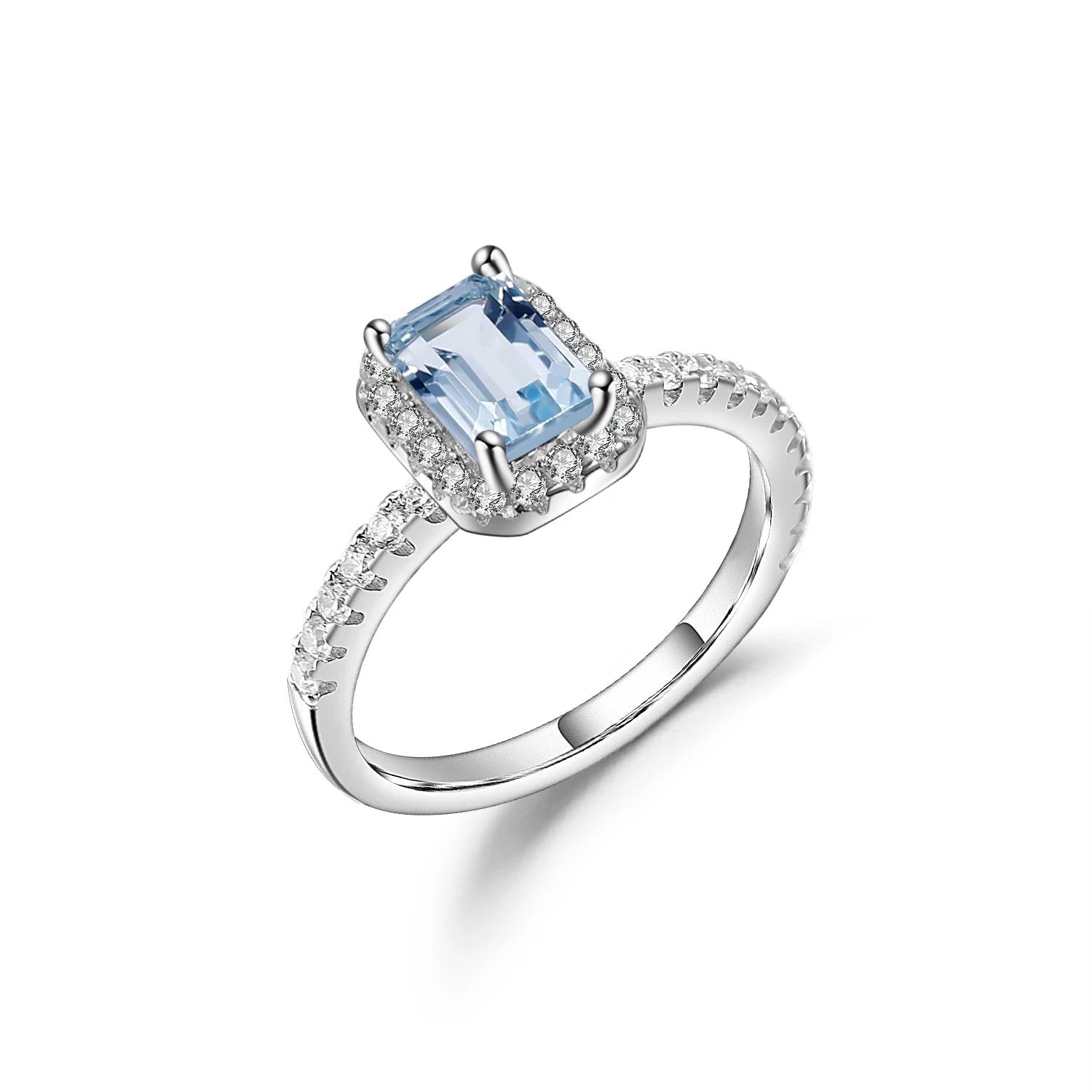 Emerald Cut Sky Blue Topaz Ring Halo Solitaire Set