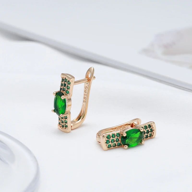 Emerald Elegance: Oval Cut Zircon Drop Earrings in 585 Rose Gold