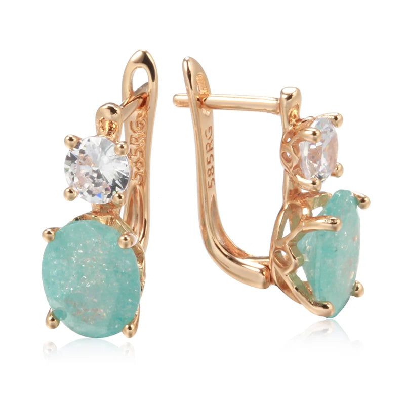 Emerald Elegance: Oval Cut Zircon Drop Earrings in 585 Rose Gold