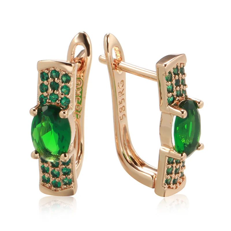 Emerald Elegance: Oval Cut Zircon Drop Earrings in 585 Rose Gold