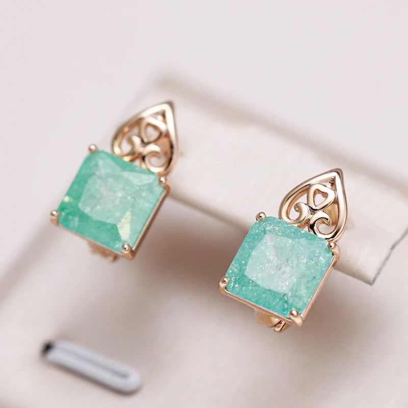 Emerald Elegance: Square Cut Zircon Drop Earrings in 585 Rose Gold