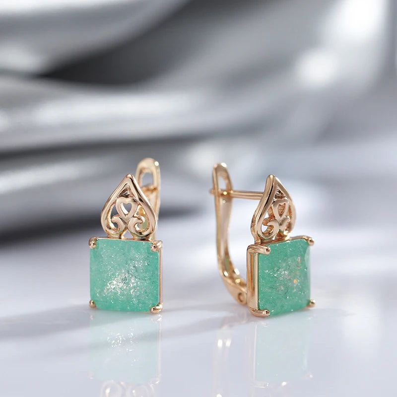 Emerald Elegance: Square Cut Zircon Drop Earrings in 585 Rose Gold