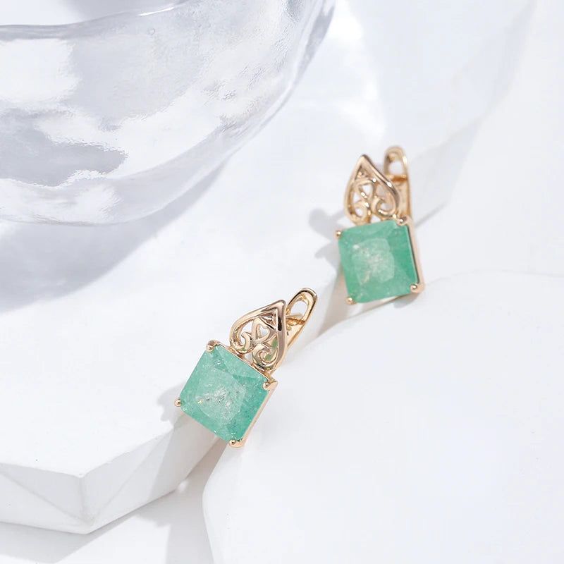 Emerald Elegance: Square Cut Zircon Drop Earrings in 585 Rose Gold