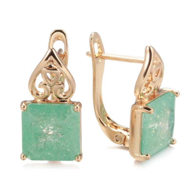 Emerald Elegance: Square Cut Zircon Drop Earrings in 585 Rose Gold