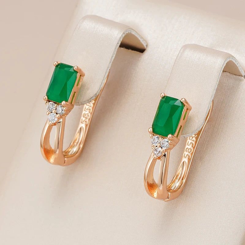 Emerald Geometric Drop Earrings in Luxurious 585 Rose Gold - High-Quality Zircon Jewelry