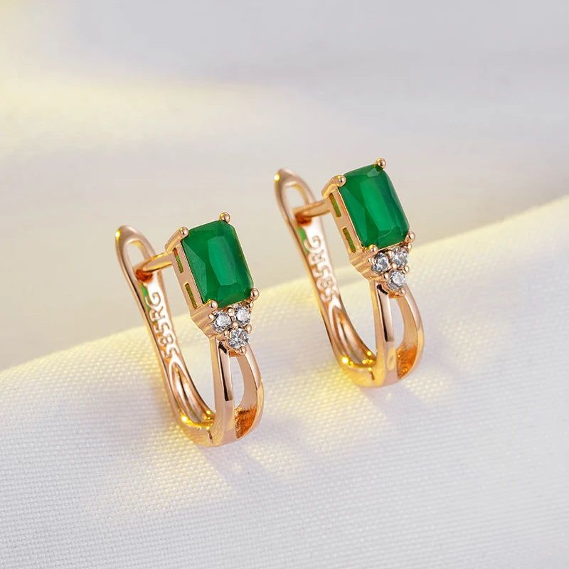 Emerald Geometric Drop Earrings in Luxurious 585 Rose Gold - High-Quality Zircon Jewelry