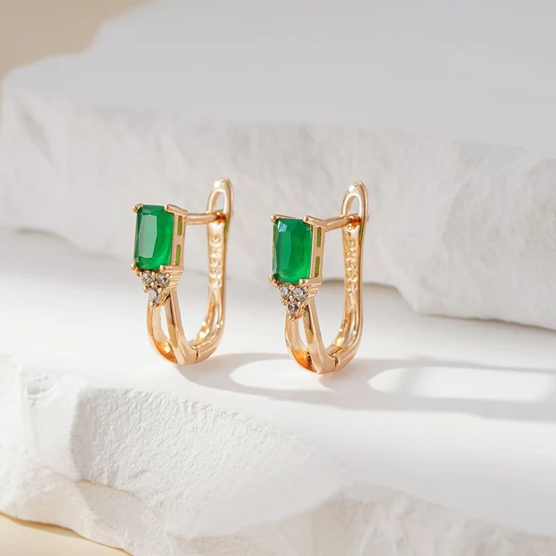 Emerald Geometric Drop Earrings in Luxurious 585 Rose Gold - High-Quality Zircon Jewelry