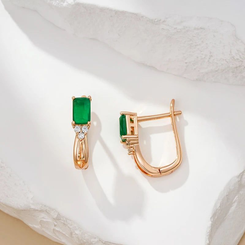 Emerald Geometric Drop Earrings in Luxurious 585 Rose Gold - High-Quality Zircon Jewelry