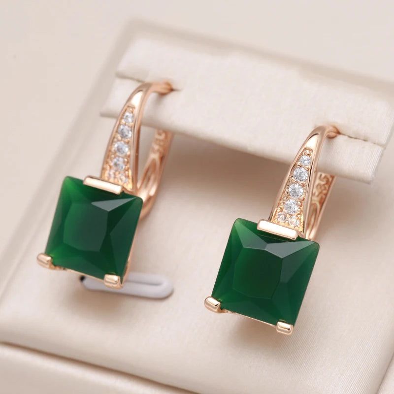 Emerald Geometric Zircon Dangle Earrings in 585 Rose Gold Luxury Design