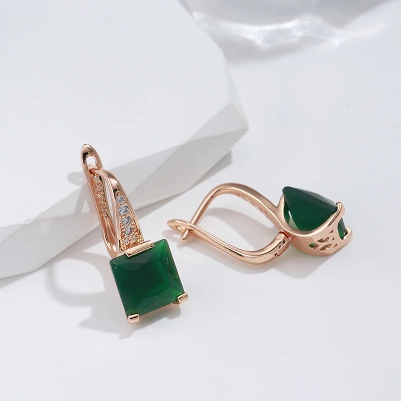 Emerald Geometric Zircon Dangle Earrings in 585 Rose Gold Luxury Design