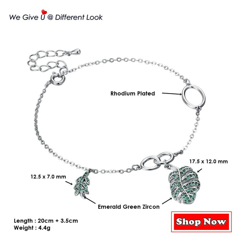 Emerald Green Tropical Leaves Charm Bracelet - 20 cm Fashion Jewelry with CZ Accents