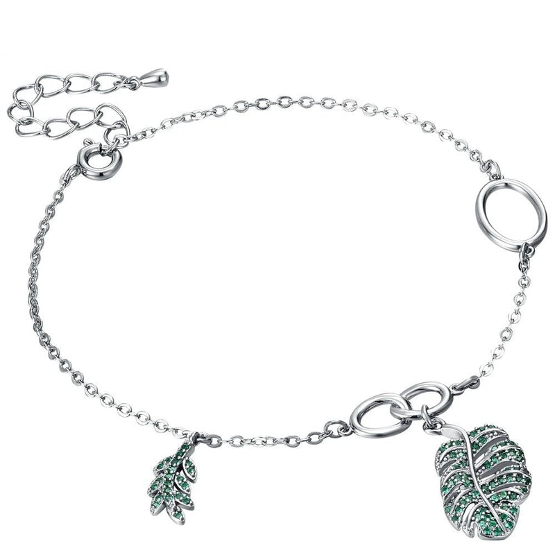 Emerald Green Tropical Leaves Charm Bracelet - 20 cm Fashion Jewelry with CZ Accents