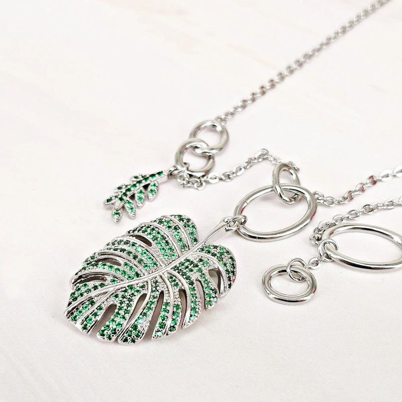 Emerald Green Zircon Tropical Leaves Pendant Necklace - Rhodium Plated Fashion Jewelry