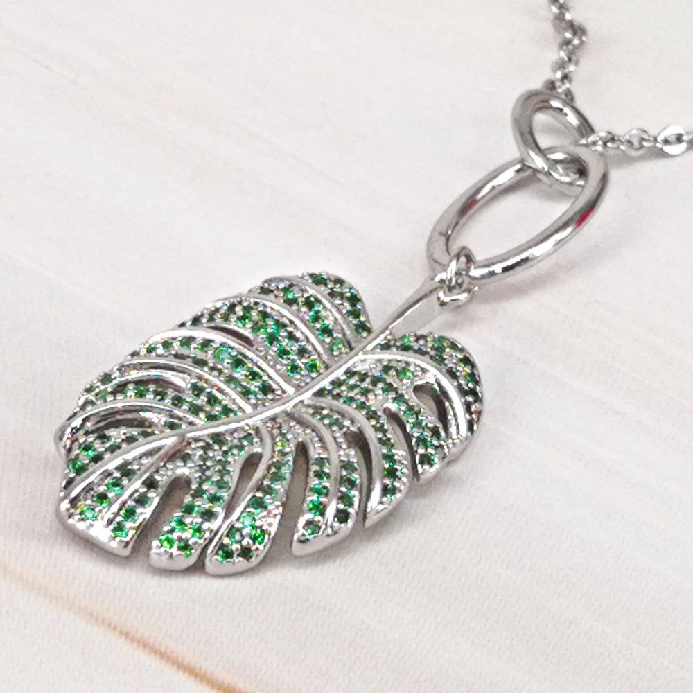 Emerald Green Zircon Tropical Leaves Pendant Necklace - Rhodium Plated Fashion Jewelry