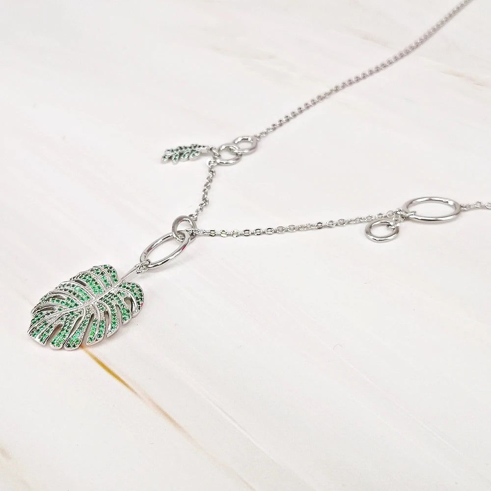 Emerald Green Zircon Tropical Leaves Pendant Necklace - Rhodium Plated Fashion Jewelry