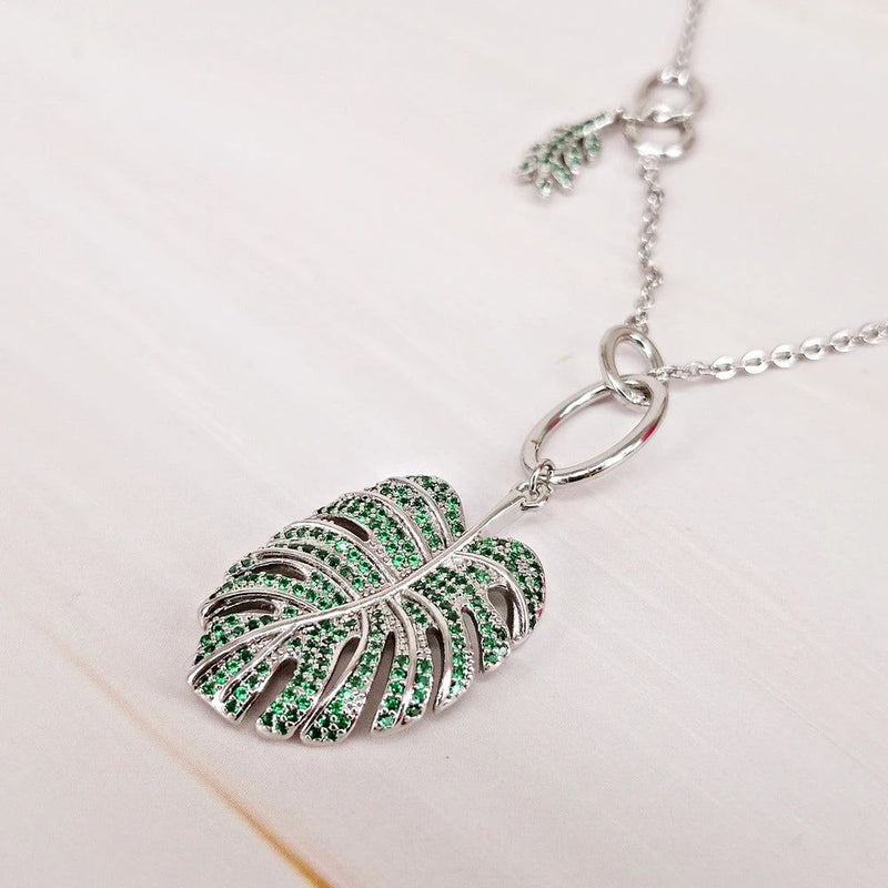 Emerald Green Zircon Tropical Leaves Pendant Necklace - Rhodium Plated Fashion Jewelry