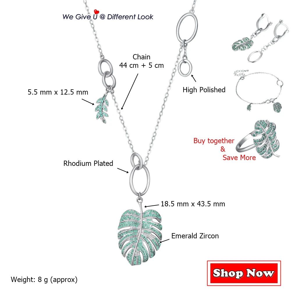 Emerald Green Zircon Tropical Leaves Pendant Necklace - Rhodium Plated Fashion Jewelry