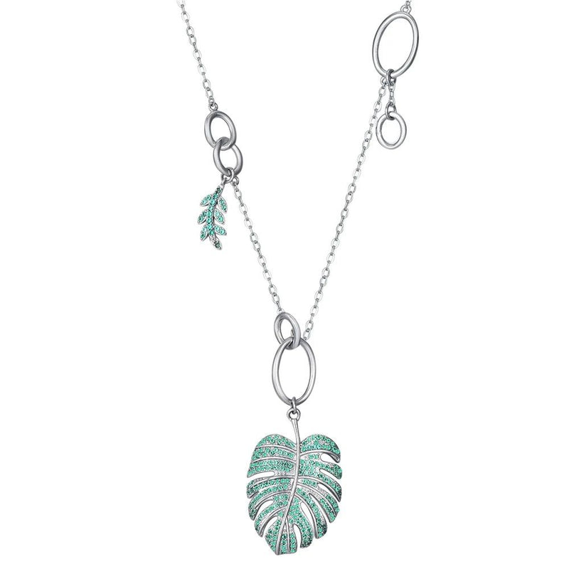 Emerald Green Zircon Tropical Leaves Pendant Necklace - Rhodium Plated Fashion Jewelry